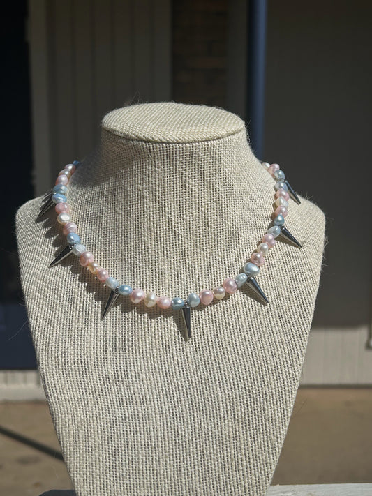 trans pride spikey pearl necklace